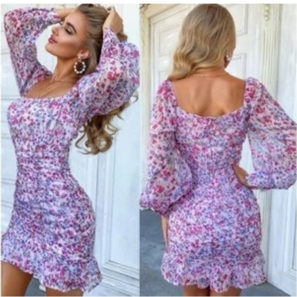 Pink Floral Ruffle Hem Ruched Bodycon Dress Long Sleeve Baddie Purple